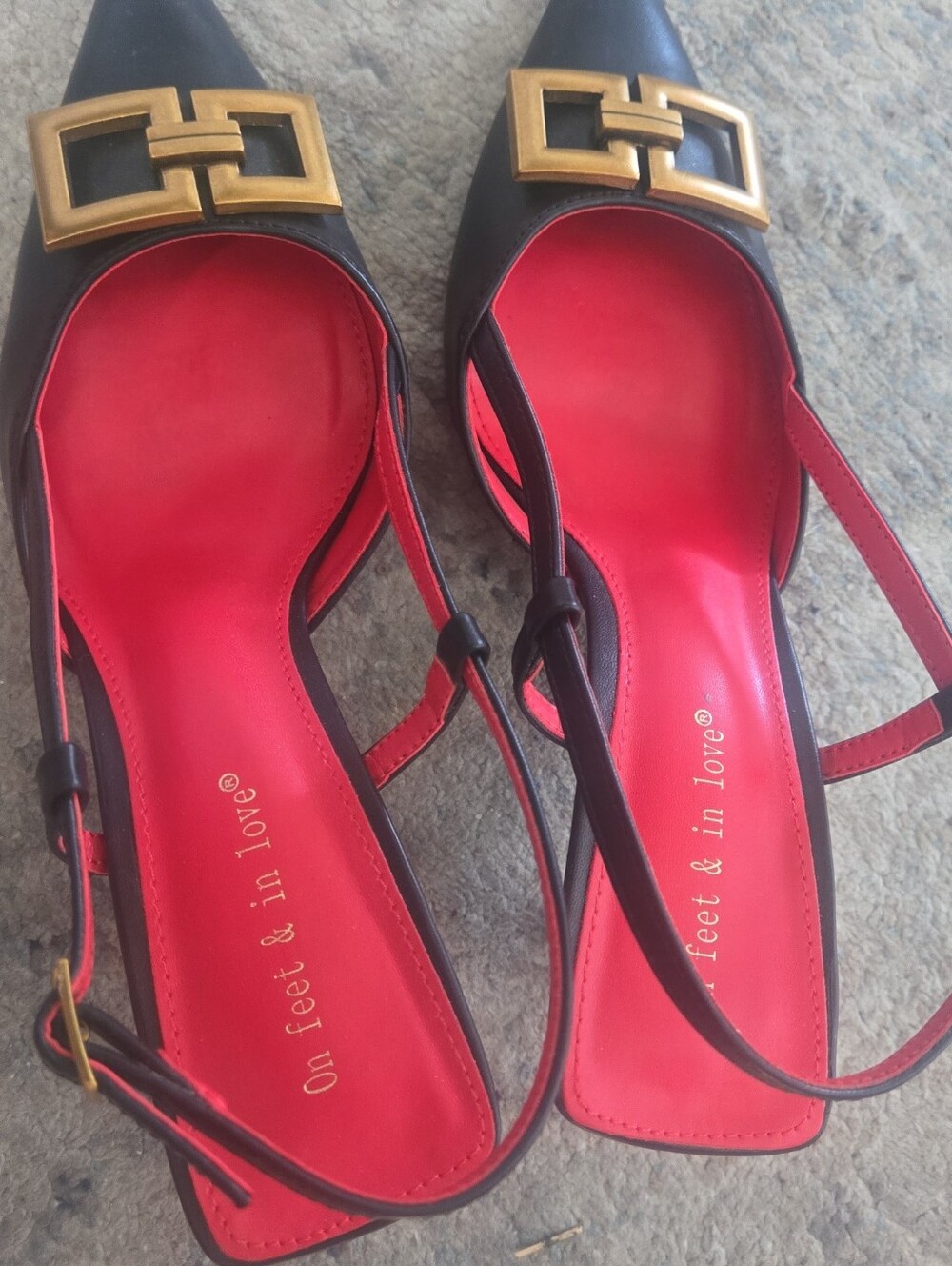 On Feet & In Love Black Slingback Flats with Red Insole